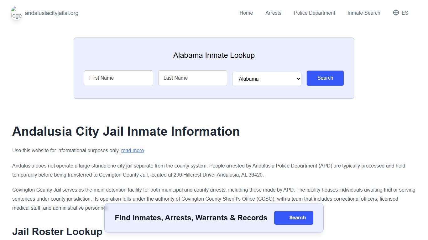 Andalusia Jail, AL Inmate Roster, Municipal Jail Info