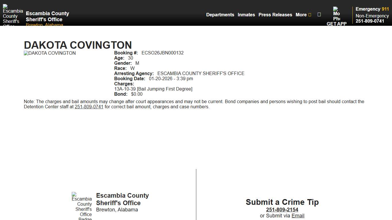 View Roster - DAKOTA COVINGTON - Escambia County Sheriff, AL
